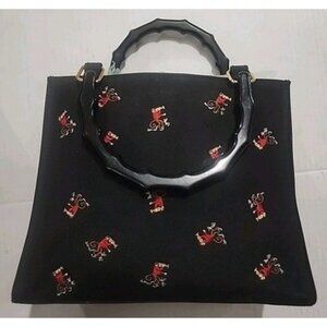 Vintage PREZZO, monkeys Playing The Horn Embroidered On A Black Purse W/ Bamboo